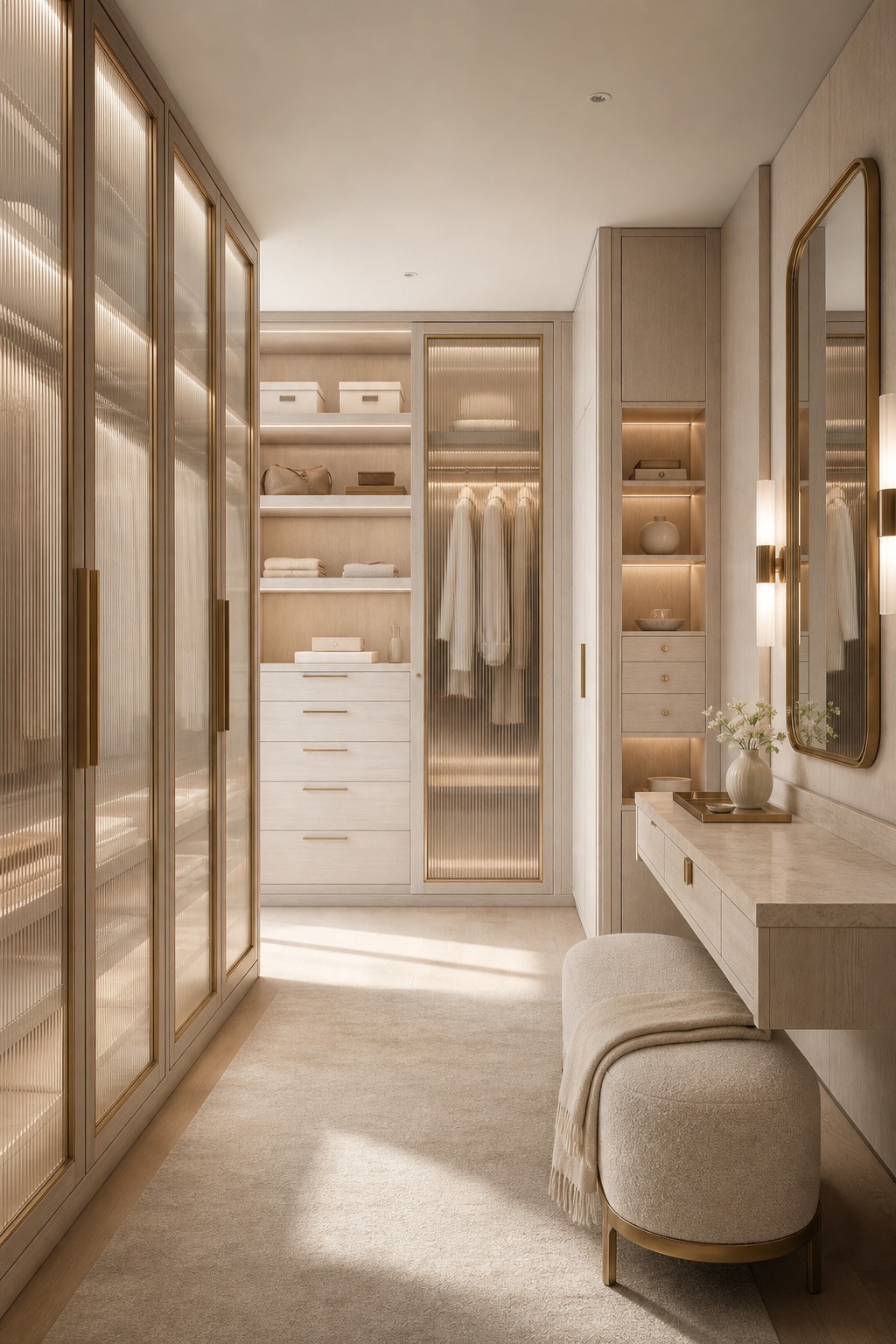 Light oak walk-in closet and dressing island with vanity stool