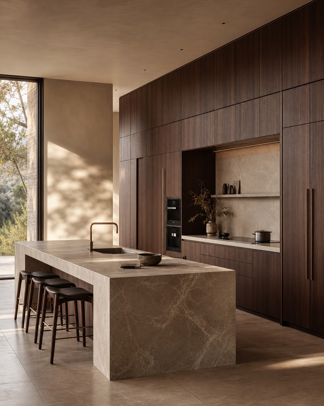 Walnut kitchen with sculptural stone island and floor-to-ceiling glass, by Viloya Custom Millwork