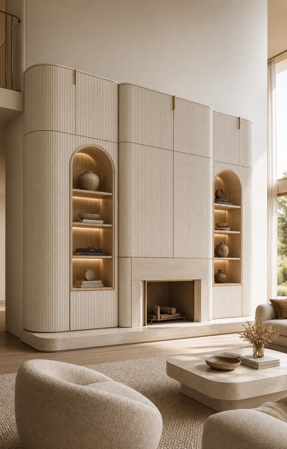 Fluted arched millwork shelving with integrated lighting around a fireplace